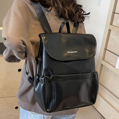 Dollcini Divatos Nagy Kapacitású Női Hátizsák – PU Bőrpántos, Minimalista, Iskolába, Munkába és Utazáshoz, Fényes Fekete