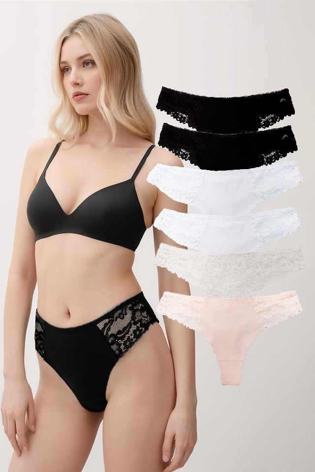 Dollcini,Tanga női bugyi,Csipkés női bugyi,95% Pamut + Spandex-Többszínű, 6 db-os Csomag